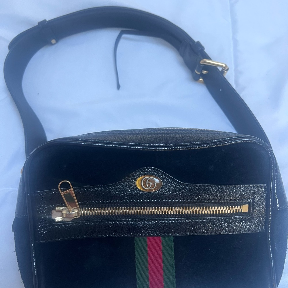 Gucci Black Ophidia Belt Bag with Green-Red Stripe and Gold Hardware